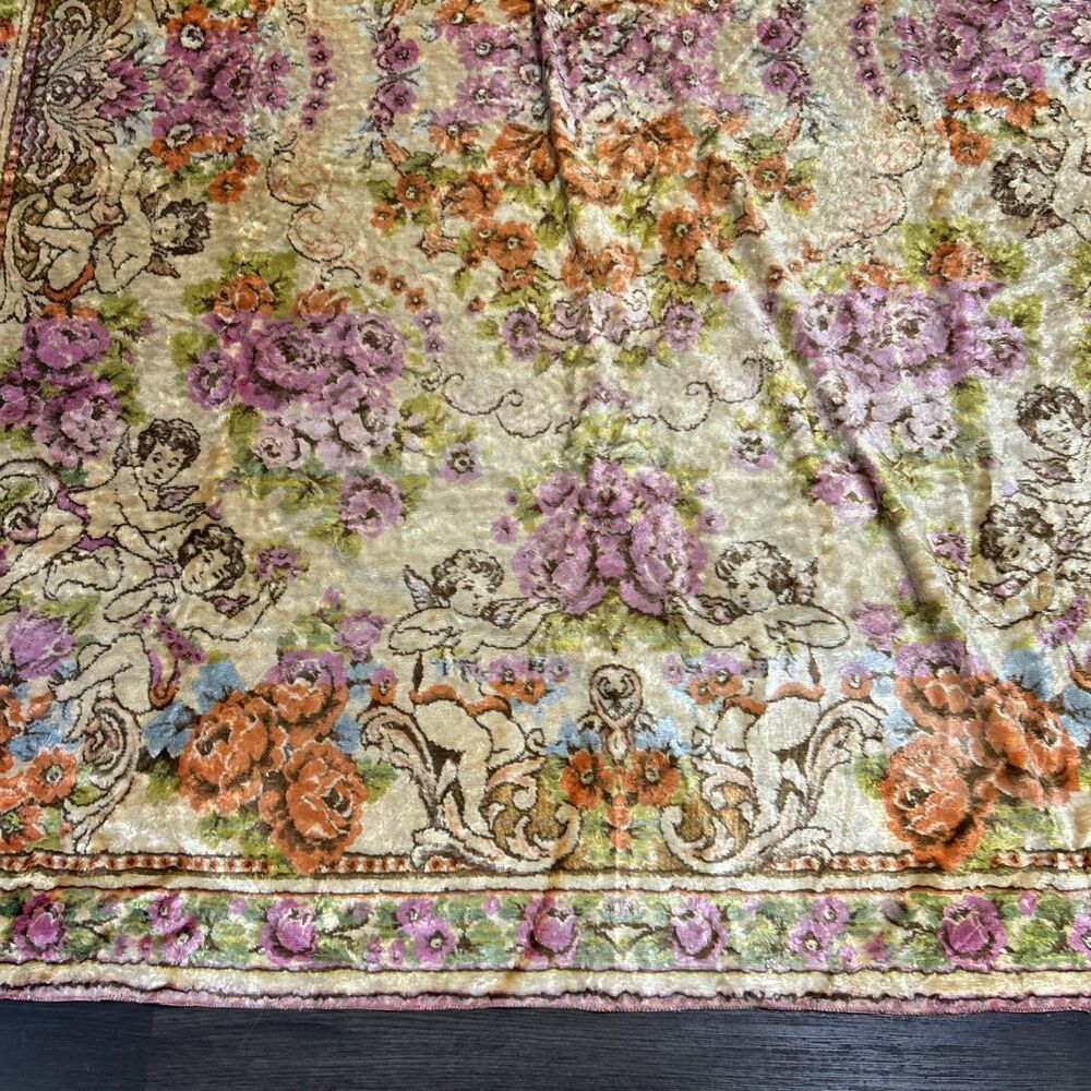 Vtg 1940's Italian Cherubs & Roses Bed Spread Cover 66”x73” Gold Pink Tapestry - Picture 2 of 13